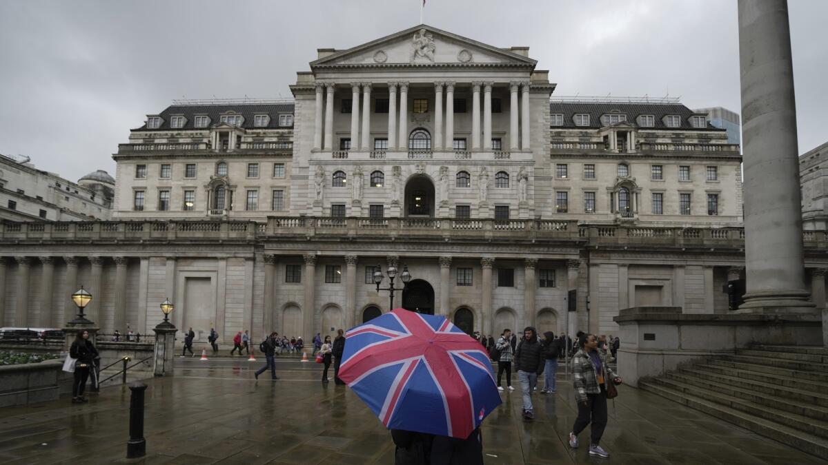 The Bank of England in London. The UK economy is now 0.2 per cent smaller than in February 2020.  - AP file
