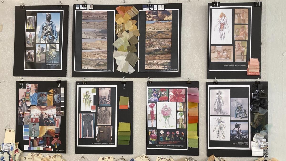 Sketches and fabric swatches for costumes for the comedy series are displayed at Steiner Studios in the Brooklyn borough of New York