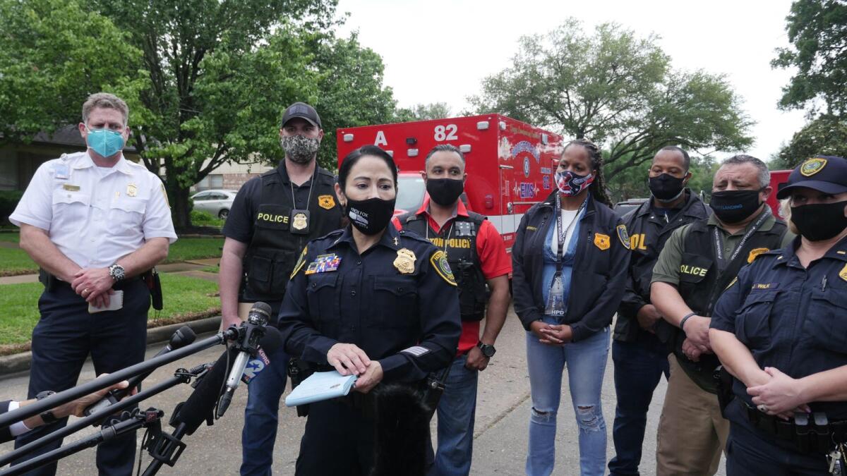 Assistant chief of the Houston police department Patricia Cantu gives an update of the situation after more than 90 people were found crammed into a house in Houston, Texas. Photo: AFP