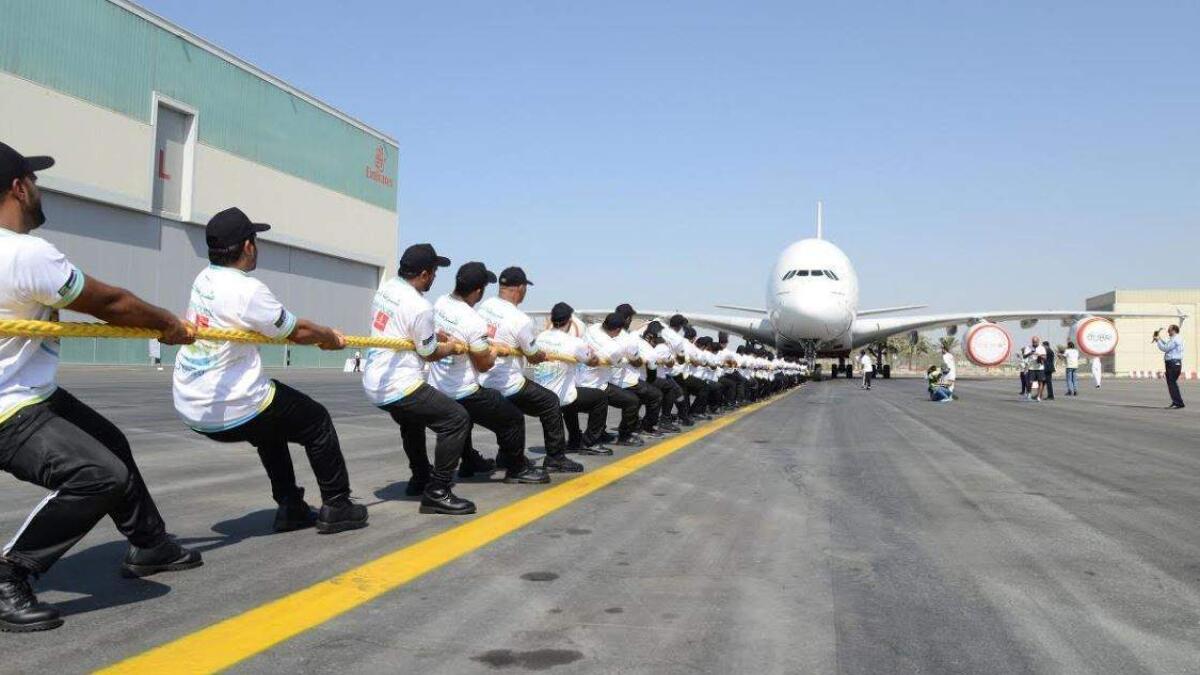 The achievement that saw the jumbo towing Emirates Airbus A380 aircraft, weighing 302.68 tons along the 100 metre stretch