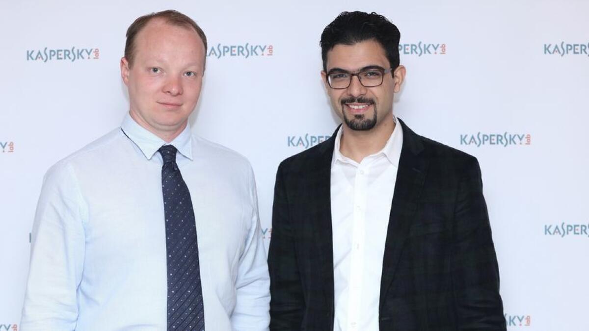 Amin Hasbini, senior security researcher in the Global Research and Analysis Team, Kaspersky Lab, and Kirill Kertsenbaum, head of enterprise solutions at Kaspersky Lab at the launch event in Dubai on Monday. 