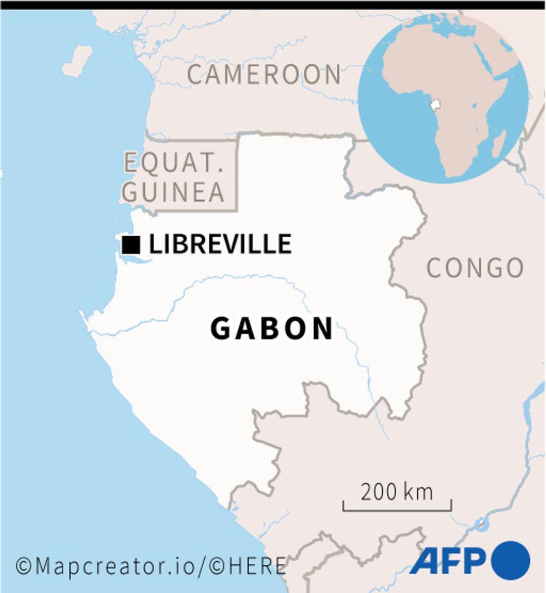 Map of Gabon locating the capital Libreville. — Photo by AFP