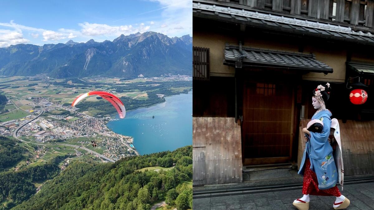 Paragliders above Lake Geneva and a geisha walking in Kyoto's Gion District.