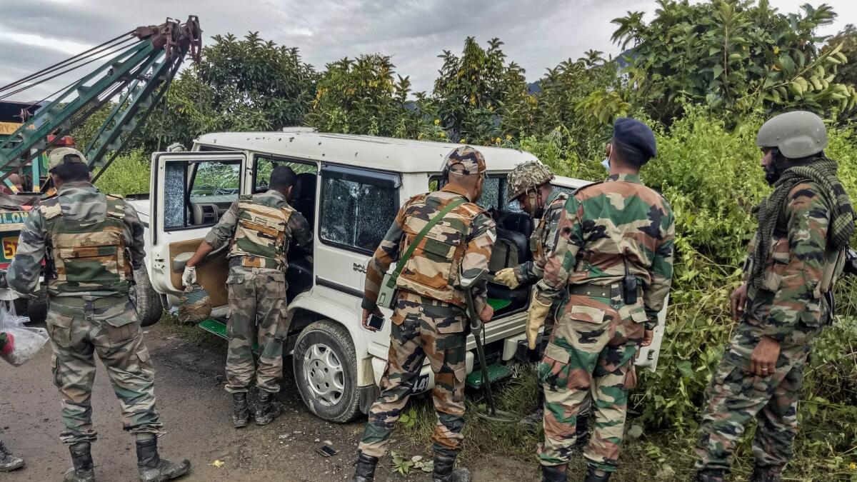 Image used for illustrative purpose. Indian army soldiers inspect a damaged vehicle at the site of an attack at Churachandpur on November 14, 2021. (Photo: AFP)