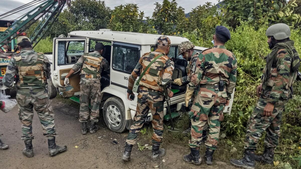 Image used for illustrative purpose. Indian army soldiers inspect a damaged vehicle at the site of an attack at Churachandpur on November 14, 2021. (Photo: AFP)