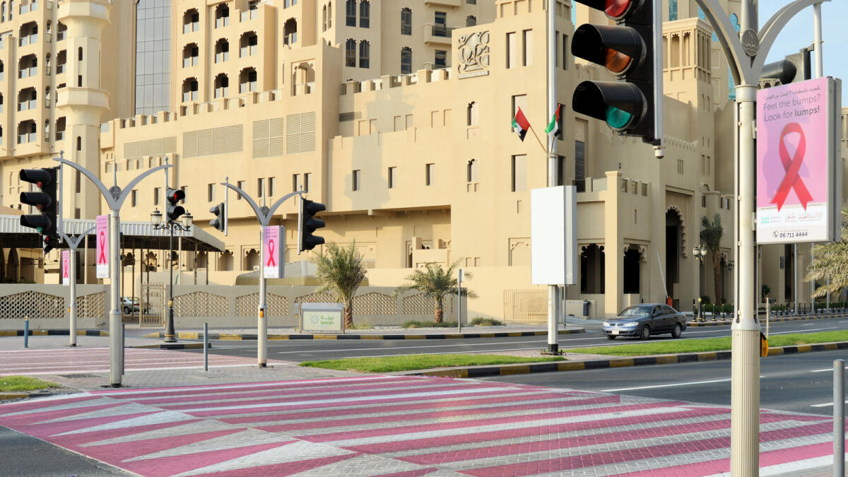 All road humps and pedestrian crossings have been painted pink in the Corniche Road, Ajman, to raise awareness for the early detection of breast cancer.