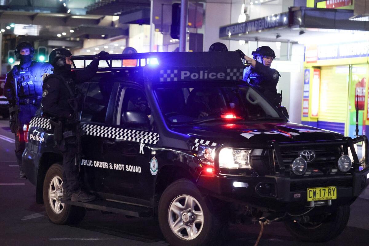 Police patrol in front of the Westfield Bondi Junction shopping mall after a stabbing incident in Sydney on April 13. Photo: AFP