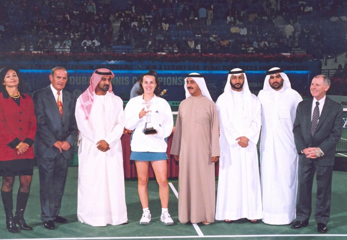 Martina Hingis with the trophy at the awards ceremony in 2001. — Dubai Duty Free Tennis