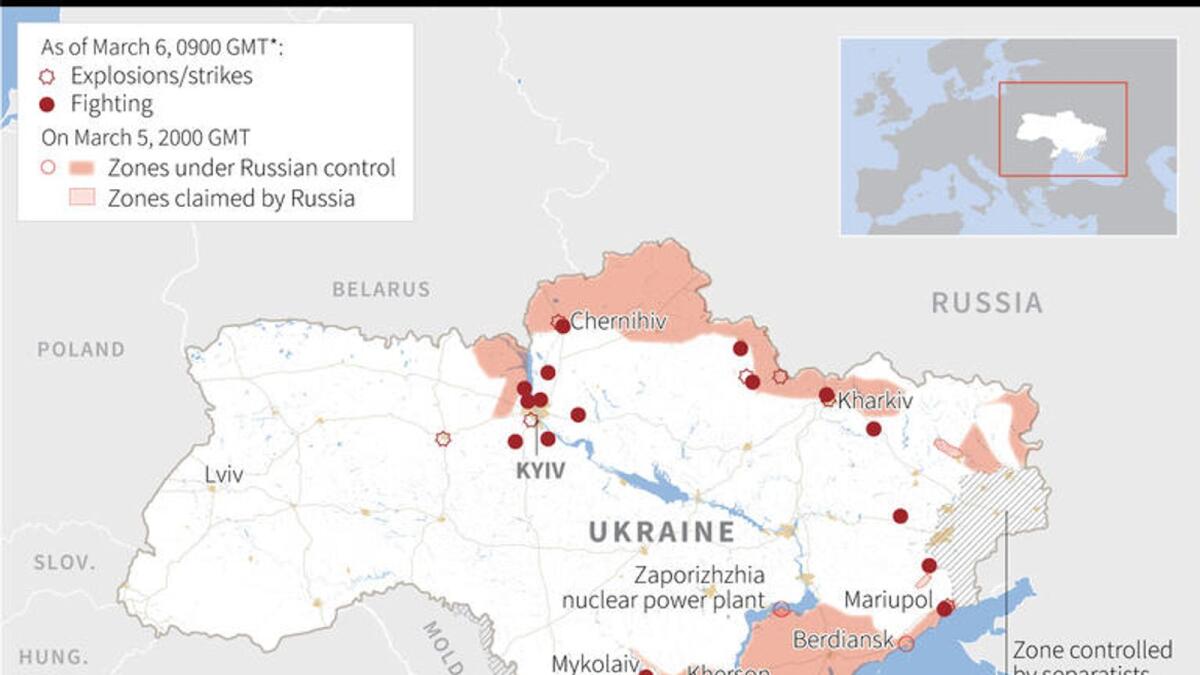 Map of Ukraine locating areas where explosions, strikes and fighting have been reported and under Russian control. Updated as of March 6, 0900 GMT - AFP / AFP