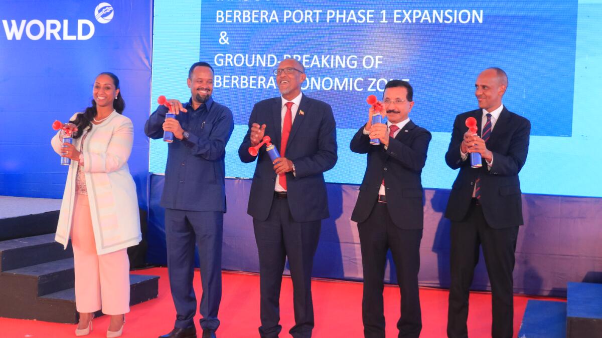 Sultan Ahmed bin Sulayem, Muse Bihi Abdi and other officials at the inauguration of Berbera Port on Thursday.
