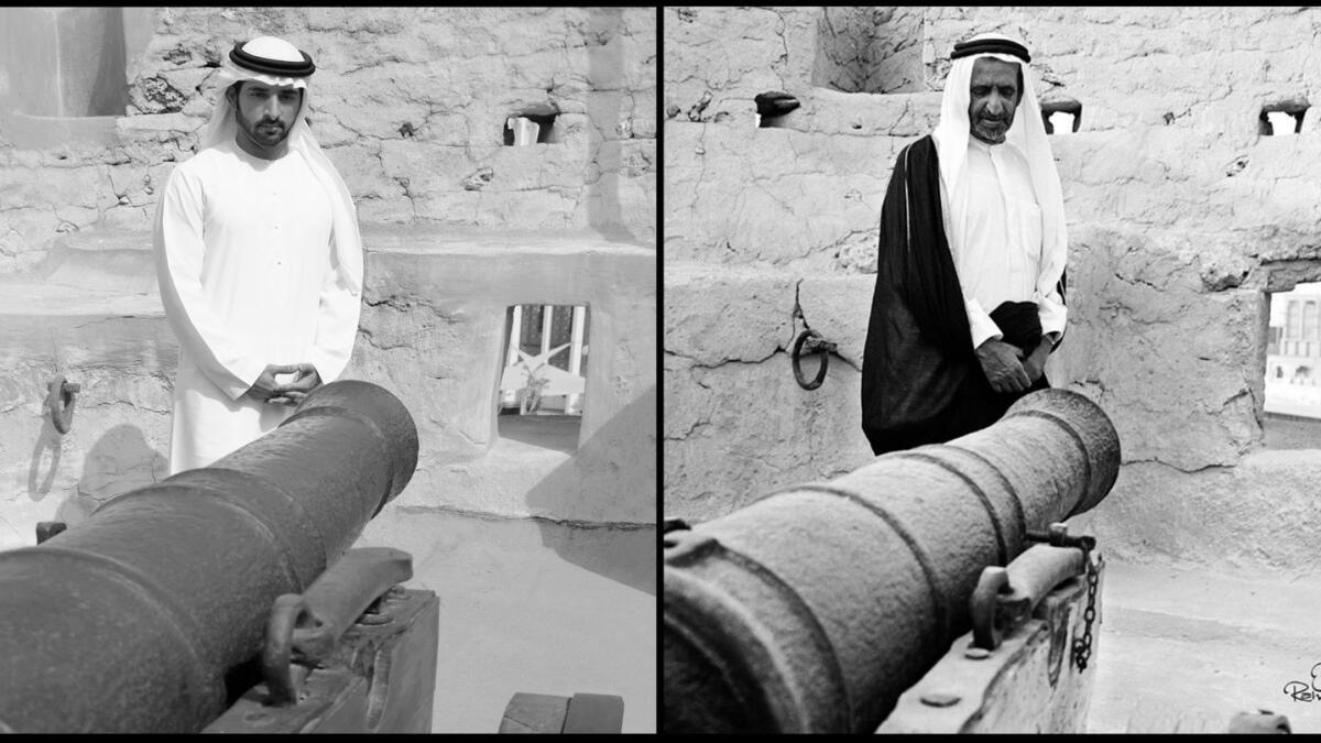 In his grandfather's footsteps: Sheikh Hamdan (left) and late Sheikh Rashid in front of Al Fahidi Fort.