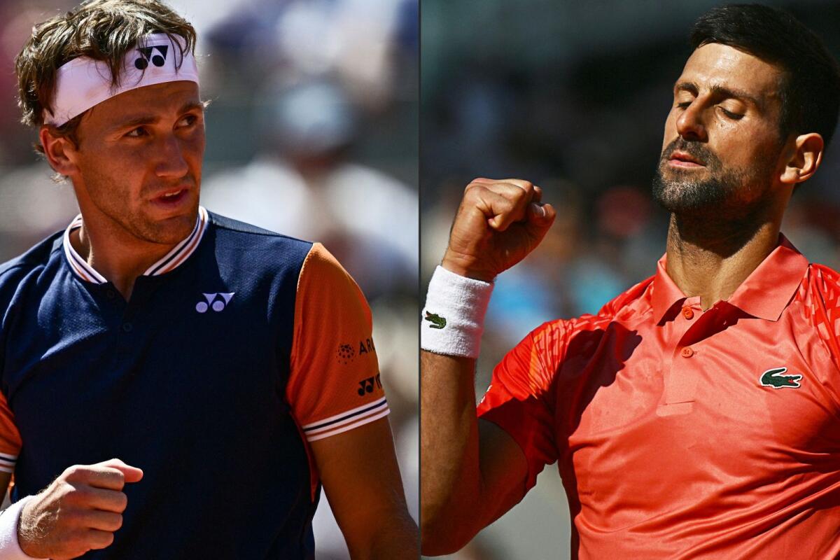 Casper Ruud (left) lost all four of his matches against Novak Djokovic in the past. — AFP