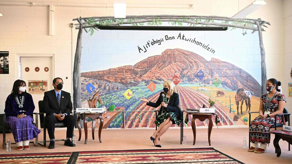 US First Lady Jill Biden takes part in a listening session with students at Hunters Point Board School in St. Michaels, Arizona, on Friday.