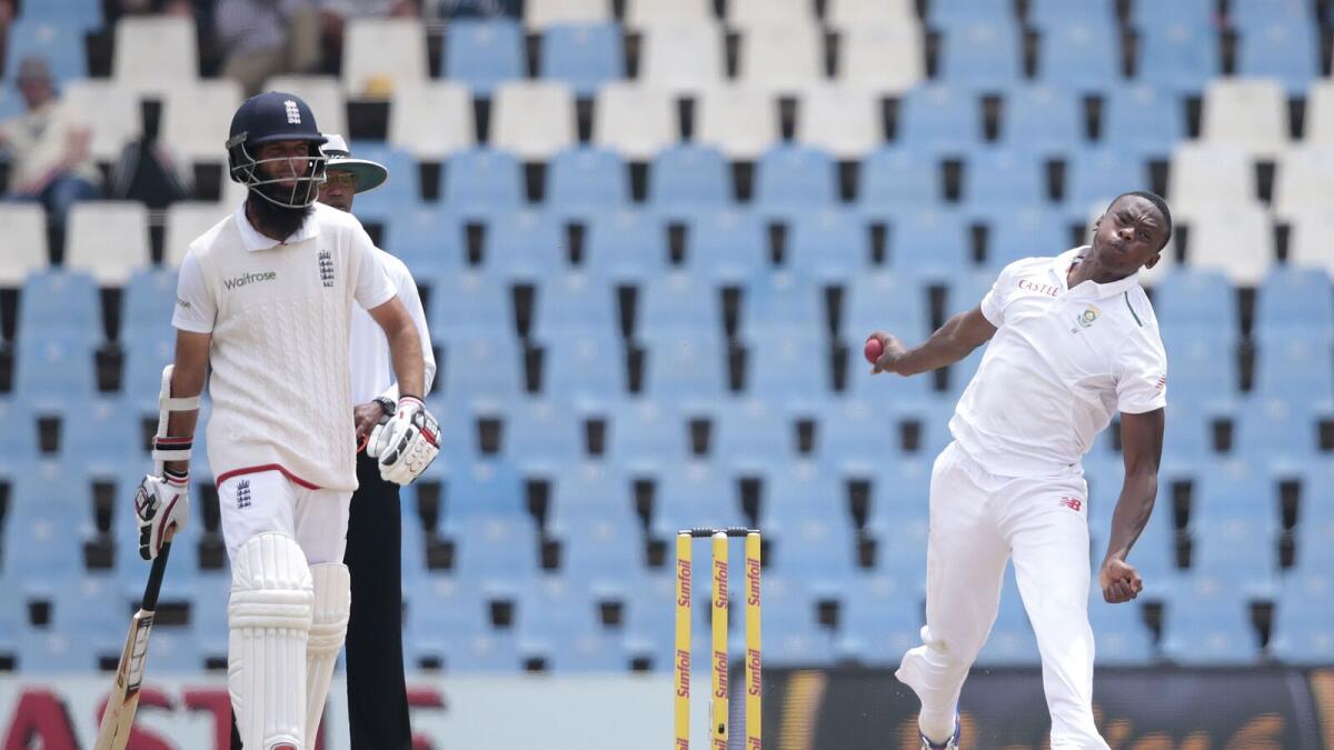South African bowler Kagiso Rabada (right) bowls during the fifth day of the fourth Test against England. 