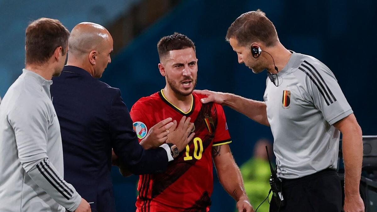 Belgium's midfielder Eden Hazard is substituted during the Euro 2020 round of 16 match against Portugal. (AFP)
