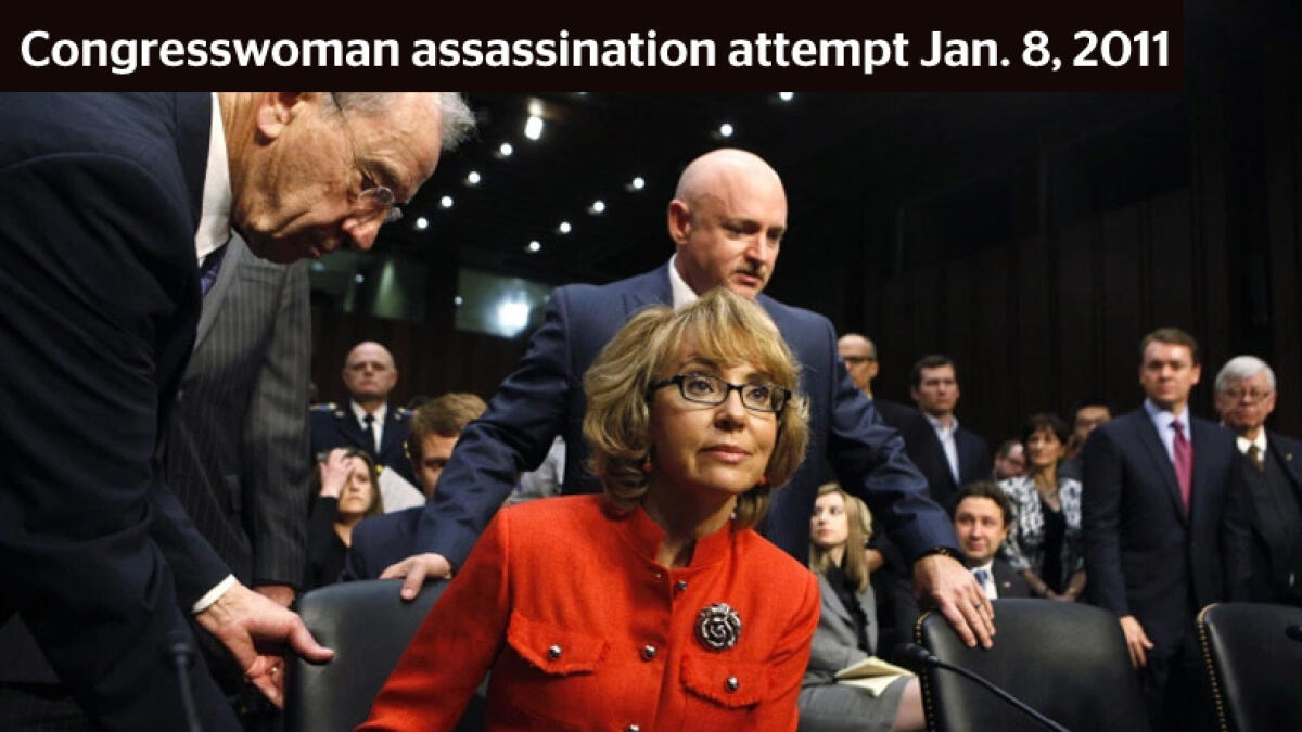 Then-US Representative Gabrielle Giffords is the target of an assassination attempt by a gunman in Tucson, Arizona, in which six people are killed and 13, including Giffords, are wounded.