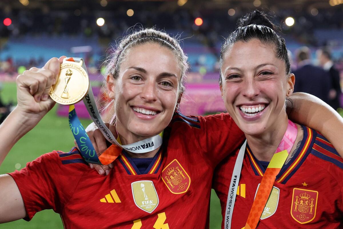 Spain's Jennifer Hermoso (R) celebrates with Alexia Putellas during the d 2023 Women's World Cup final. - AFP