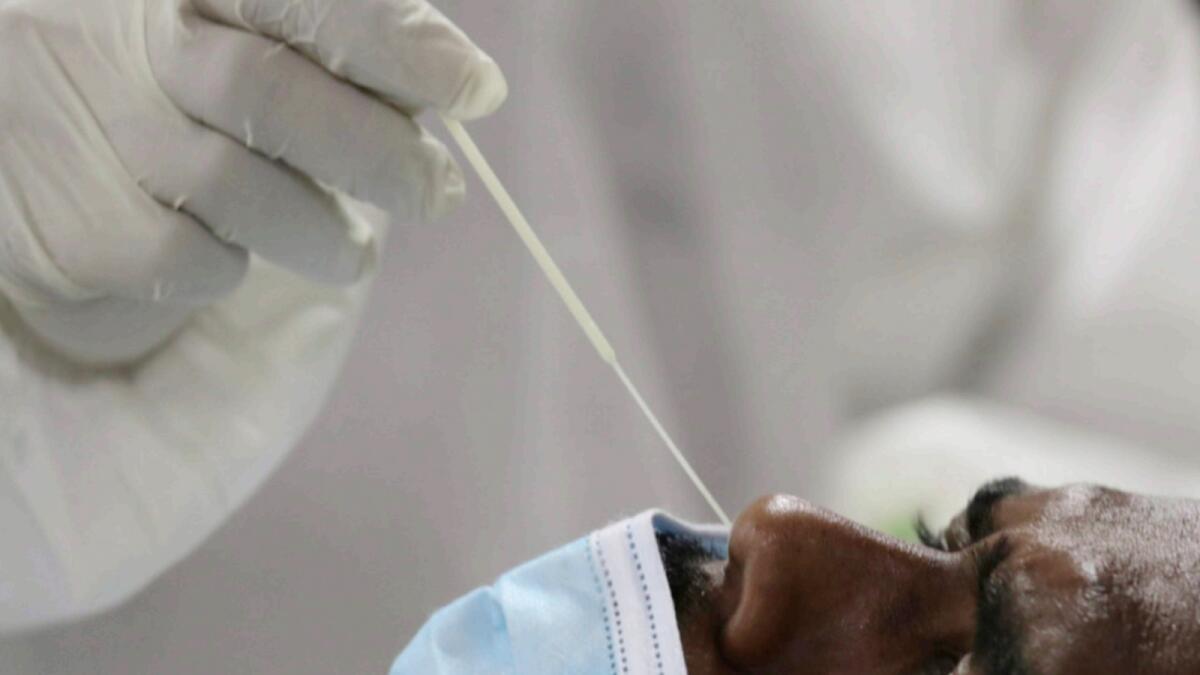 A medical staff collects a nose swab sample for a PCR test in Dubai. — AP file