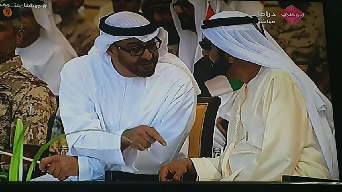 Shaikh Mohammed and Mohammed bin Zayed witness the arrival of UAE soldiers at Zayed Military CityImages via Abu Dhabi TV