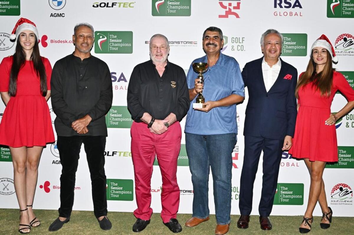 Vikas Sachar, winner of Division B with left to right Jeev Milkha Singh, Dr James Hay (FOSROC) and co-founder of The Senior Champions Tour, Vijay Vasu. - Supplied photo