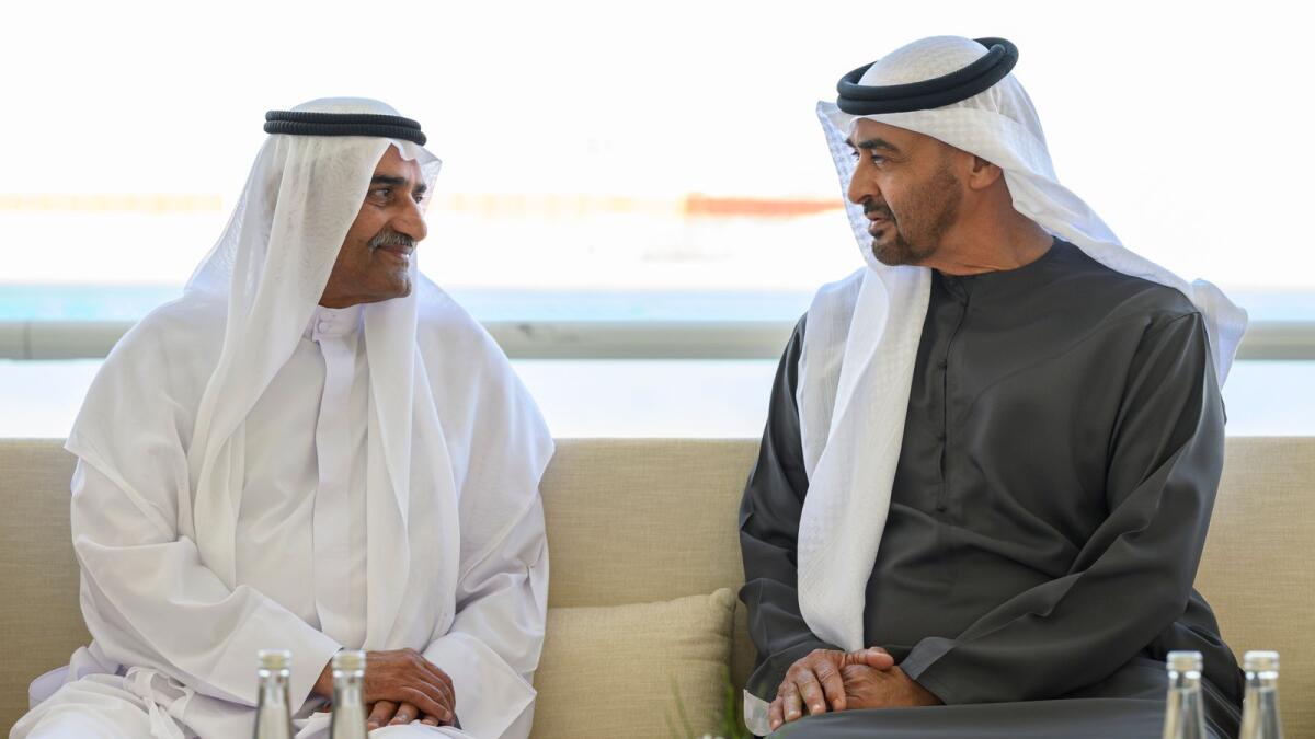 Sheikh Mohamed bin Zayed receives Sheikh Hamad bin Mohamed Al Sharqi in Abu Dhabi. — Wam