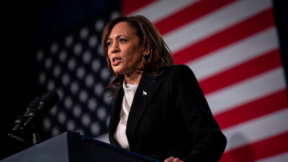 US Vice-President Kamala Harris speaks at the Democratic National Committee winter meeting in Philadelphia. Harris was featured heavily throughout a video that President Joe Biden used to announce his 2024 campaign on Tuesday, April 25, a strong signal that she will be a central part of his re-election efforts. (Al Drago/The New York Times)
