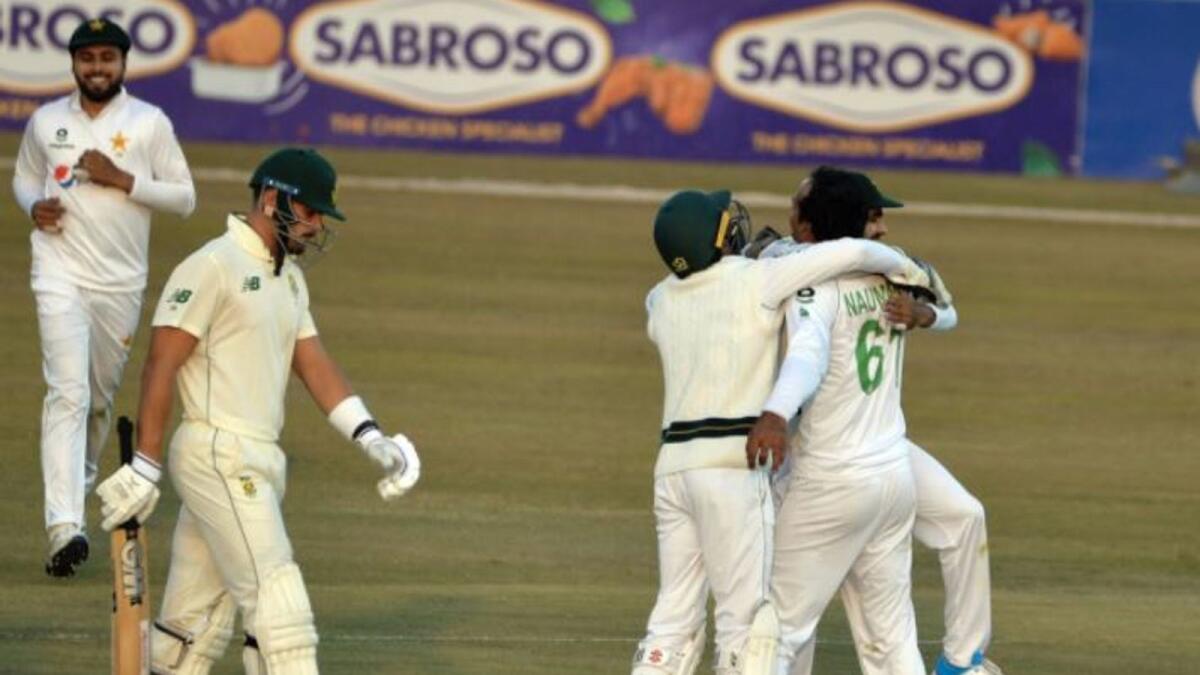 Pakistan players celebrate the wicket of Aiden Markram. (ICC Twitter)