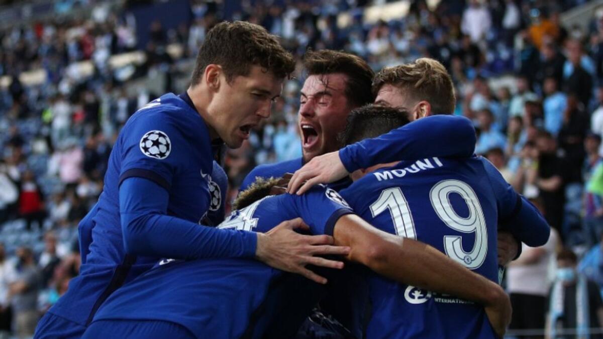 Chelsea players celebrate their goal in the final. (Champions League Twitter)