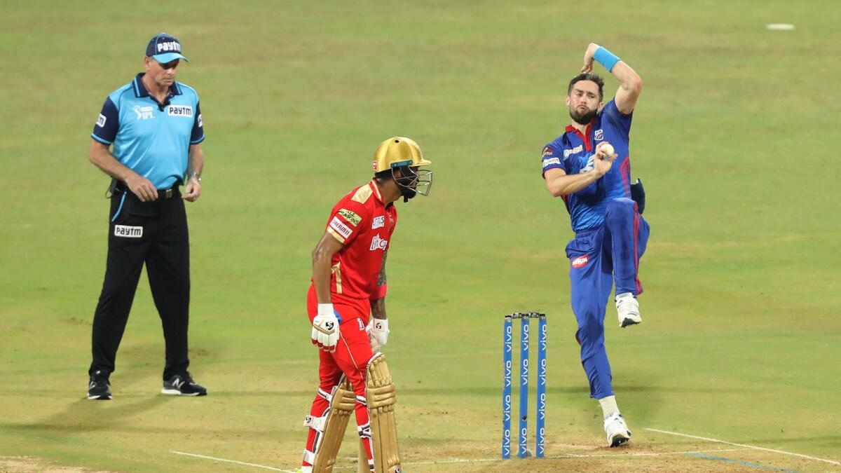 Chris Woakes of the Delhi Capitals bowls against Punjab Kings. (BCCI)