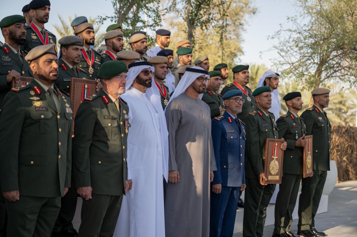 The UAE President, His Highness Sheikh Mohamed bin Zayed Al Nahyan, during the UAE Armed Forces unification ceremony at Abu Mreikhah.Photo: WAM