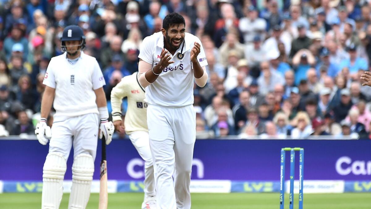 India's Jasprit Bumrah celebrates after dismissing England's Ollie Pope during the second day of the fifth Test on Saturday. — AP