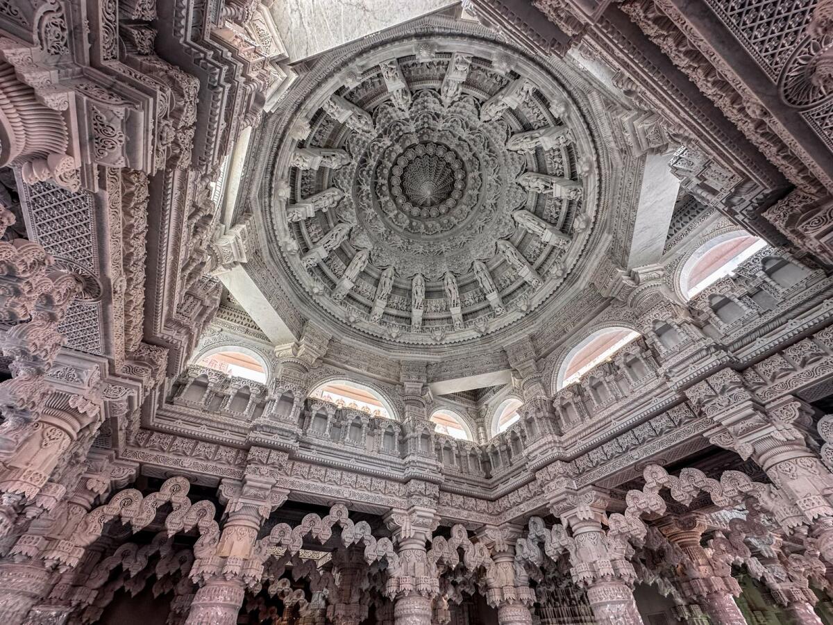 Detailed view of marble stone carvings inside the BAPS Hindu Mandir in Abu Dhabi