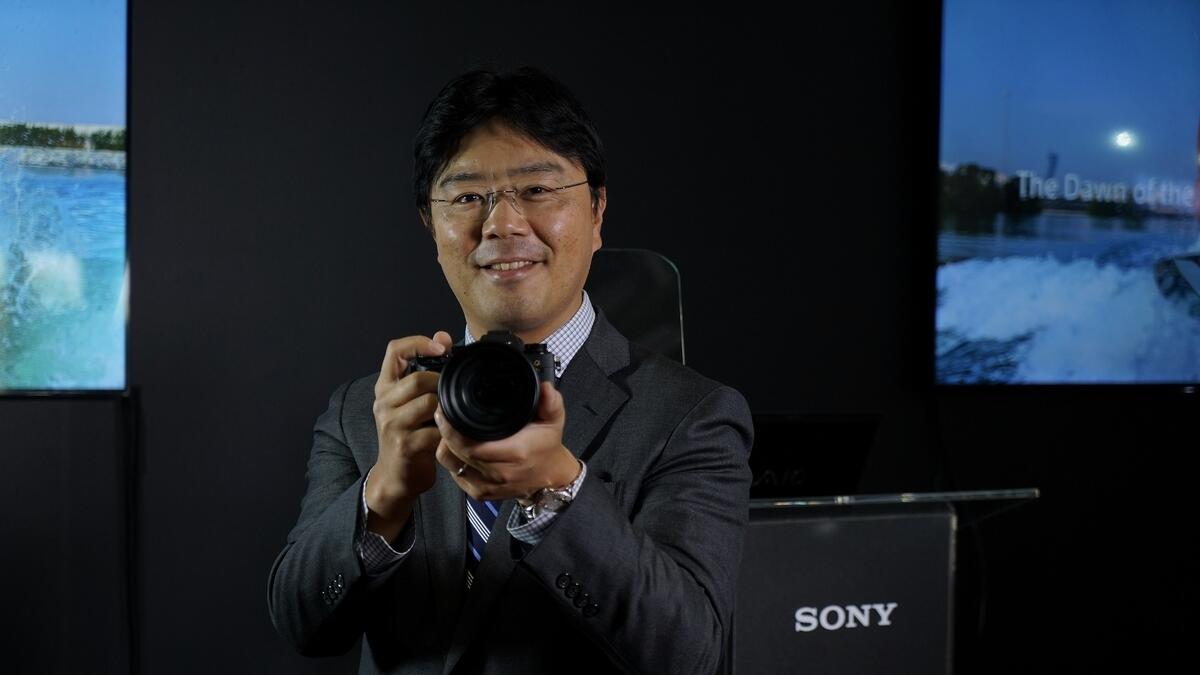 Sony MEA managing director Taro Kimura with the new Sony Alpha-9 camera at the Sony stand during Photography Live in Dubai.