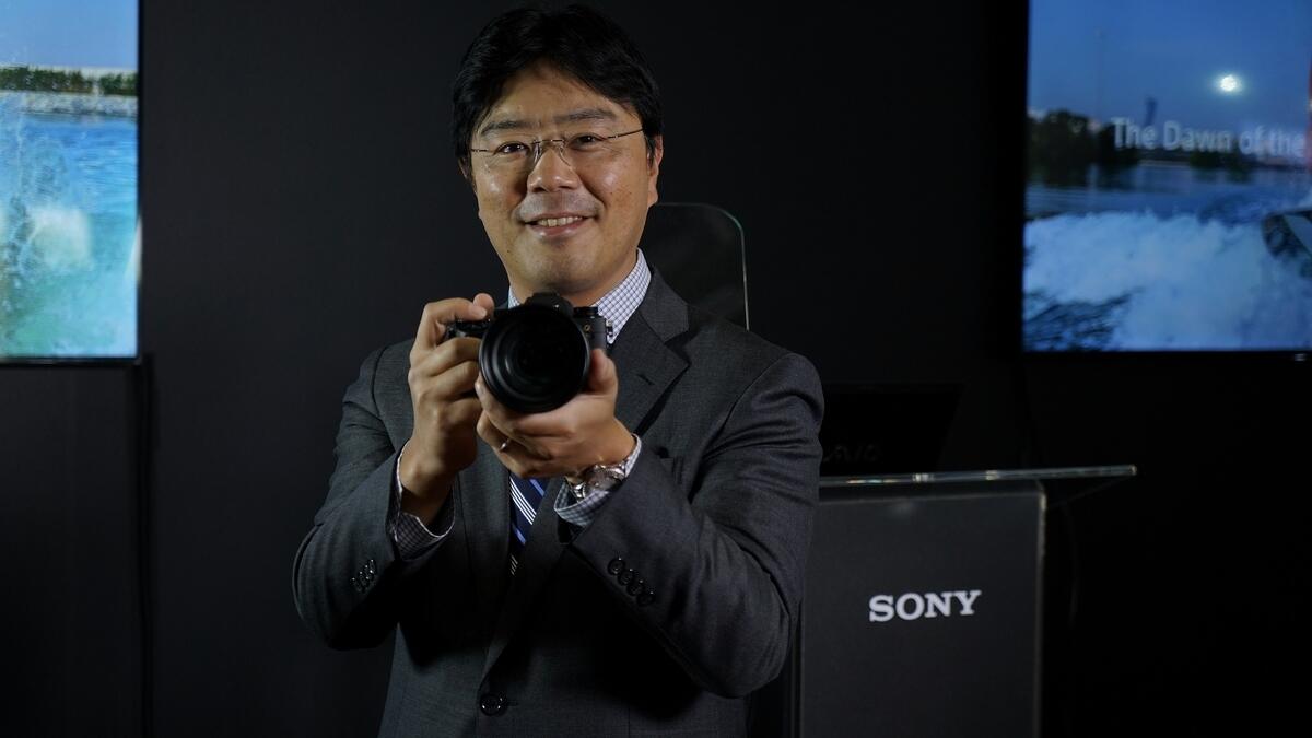 Sony MEA managing director Taro Kimura with the new Sony Alpha-9 camera at the Sony stand during Photography Live in Dubai.