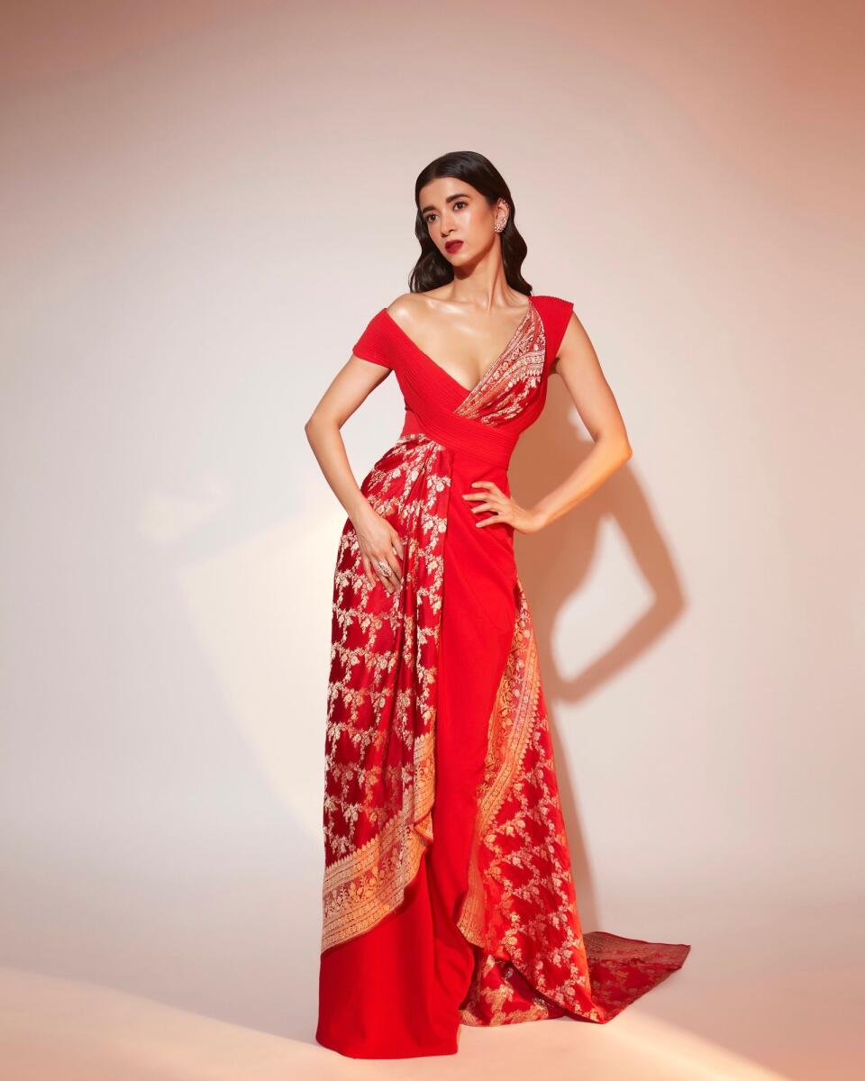 Saba Azad in a custom Amit Aggarwal saree-gown for the NMACC event