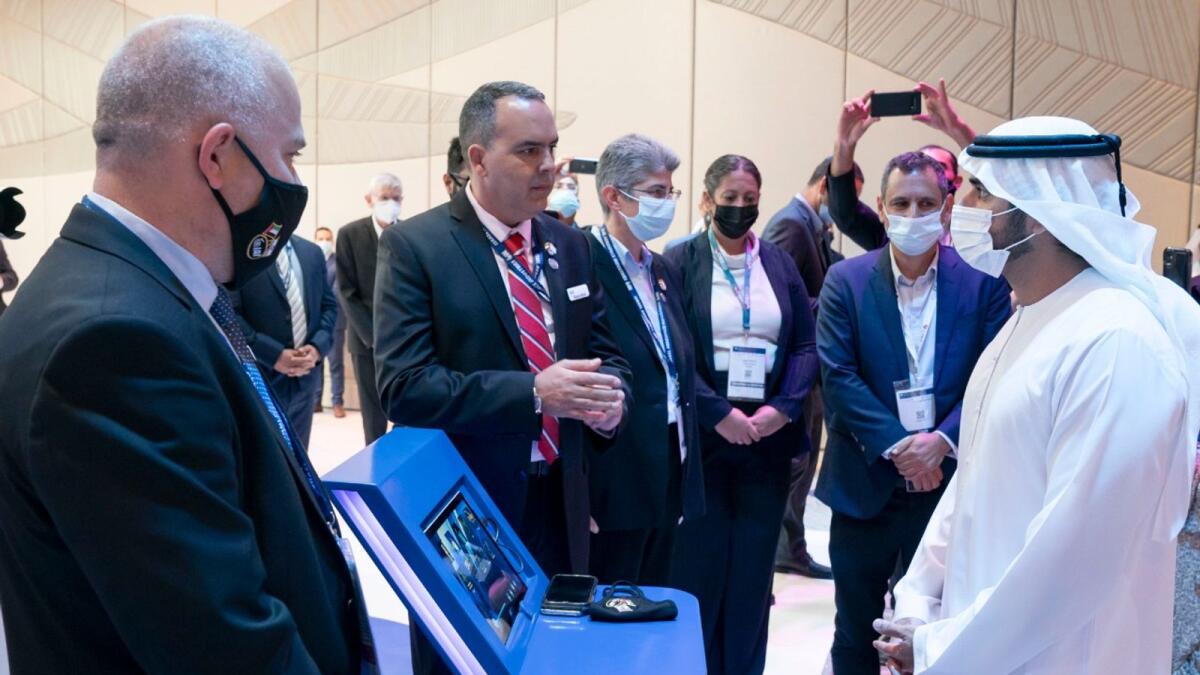 Sheikh Hamdan bin Mohammed bin Rashid Al Maktoum, Crown Prince of Dubai, interacting with delegates after inaugurating the eigth edition of Cybertech Global in Dubai on Monday. — Wam