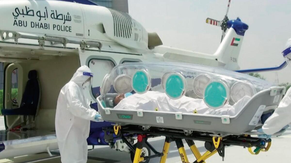 HELP FROM THE SKIES: The air rescue unit of Abu Dhabi Police transports a Covid-19 patient to a hospital during the height of the pandemic in April. Photo: Wam