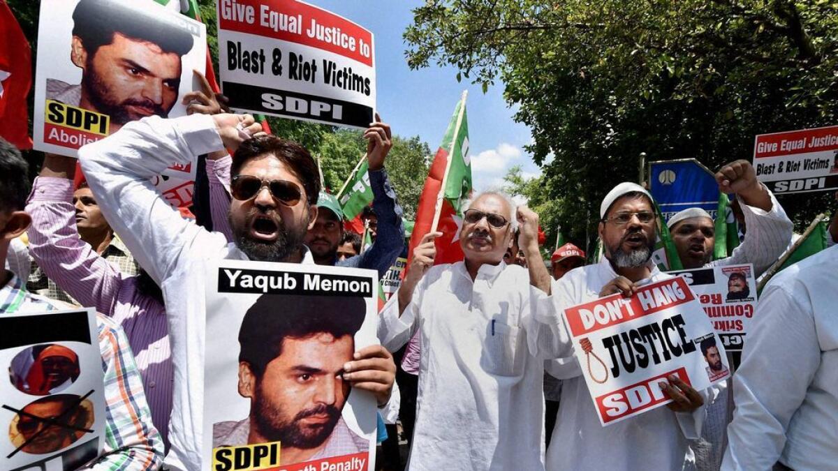 Members of the Social Democratic Party of India (SDPI) protest in New Delhi on Monday.