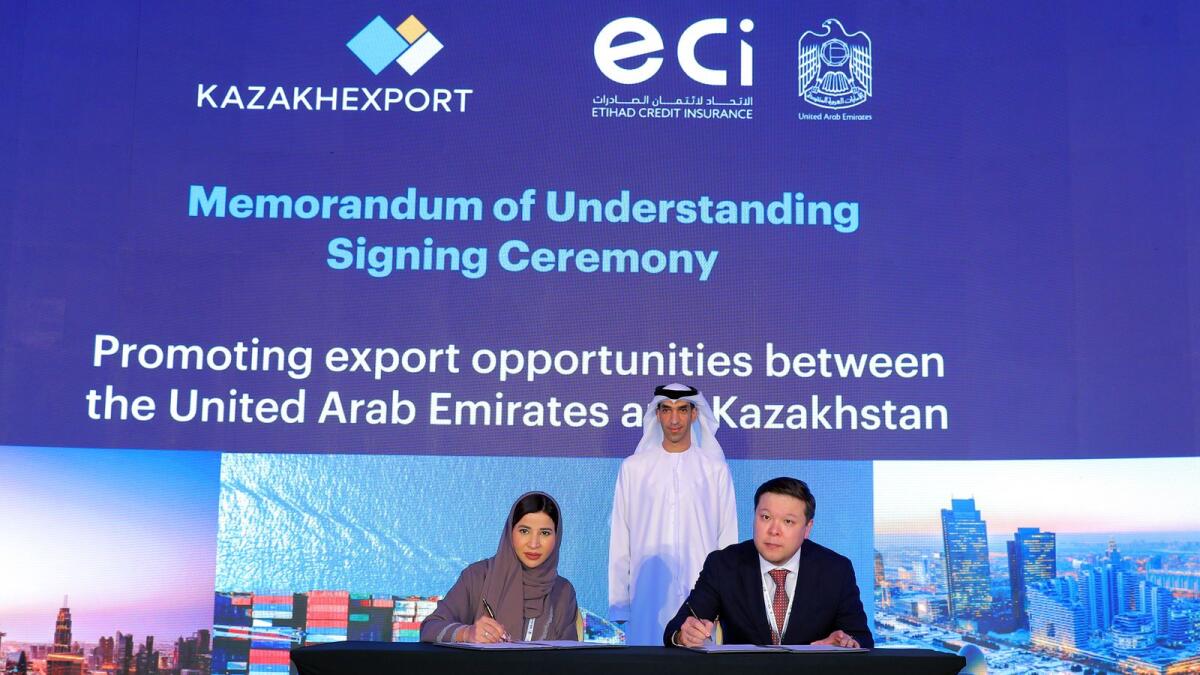 The MoU was signed by Raja Al Mazrouei, chief executive officer of ECI, and Aslan Kaligazin, Chairman of KazakhExport during the 13th Annual Aman Union General Meeting in Dubai. — WAM