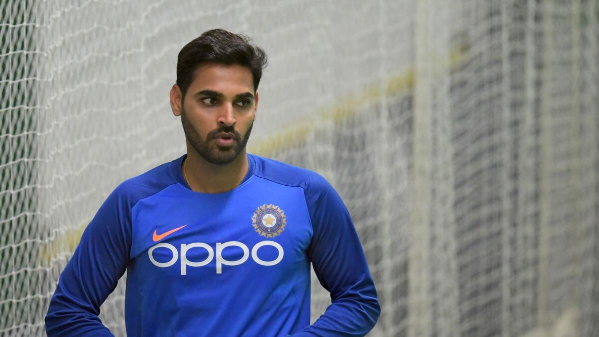 India's Bhuvneshwar Kumar during a training session at Old Trafford in Manchester. — AFP