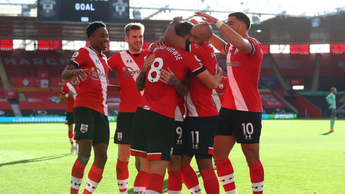 Southampton players celebrate after scoring a goal against Everton. — Southampton Twitter