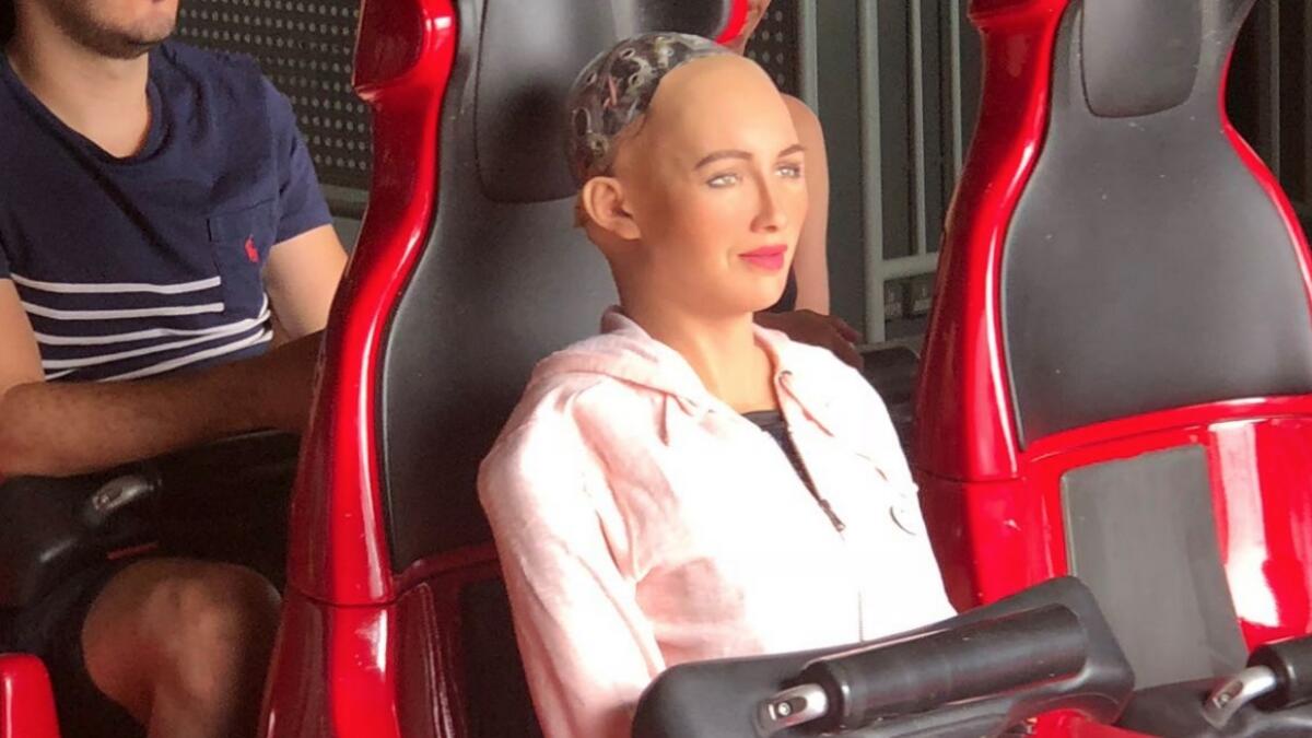 Sophia the robot rides rollercoaster at Ferrari World Abu Dhabi