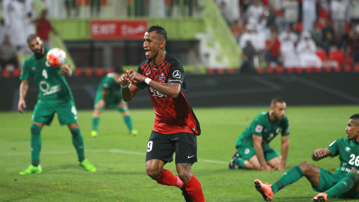 Ciel of Al Ahli celebrates his goal against Al Shabab during the Arabian Gulf League on Friday. 