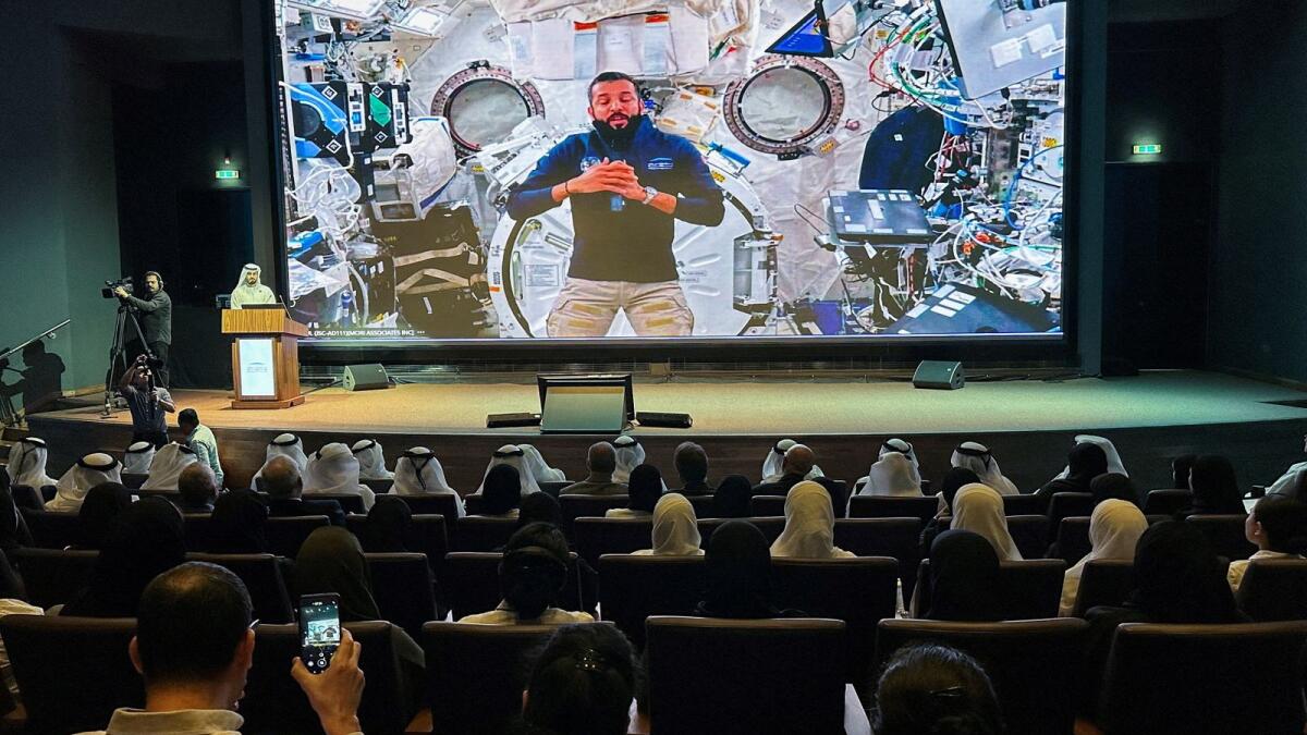 Students, scientists and physicians gather for an event at Mohammed Bin Rashid University, where they are joined via video link by Emirati astronaut Sultan Al Neyadi from space. — Reuters