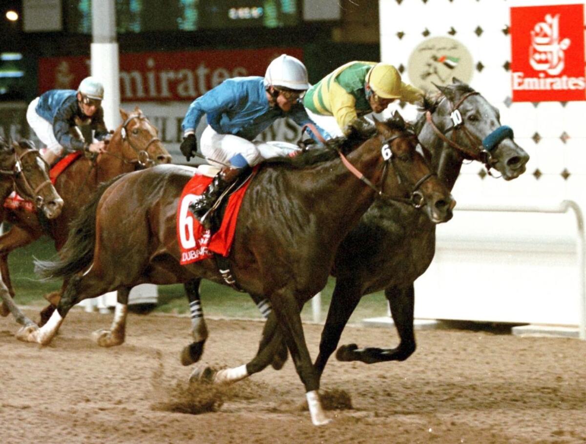 Silver Charm (right) and Swain during the 1998 Dubai World Cup meeting at Nad Al Sheba. — AFP file