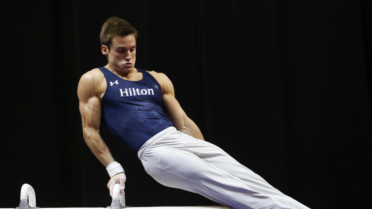 Sam Mikulak competes on the pommel horse at the US Gymnastic Championships in Indianapolis.
