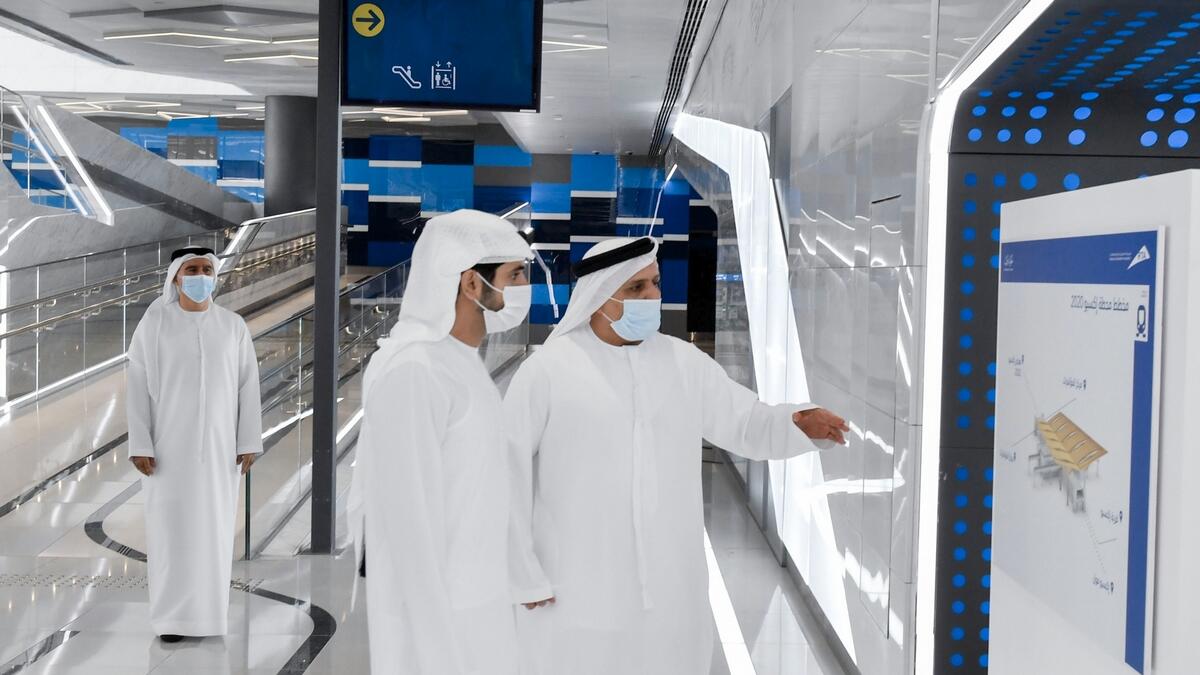He then boarded a new Dubai Metro train featuring a revamped interior design. Their first stop was the Dubai Investment Park Station, the second underground station of Route 2020. The underground station spans 27,000sqm in area and extends 226 metres in length.