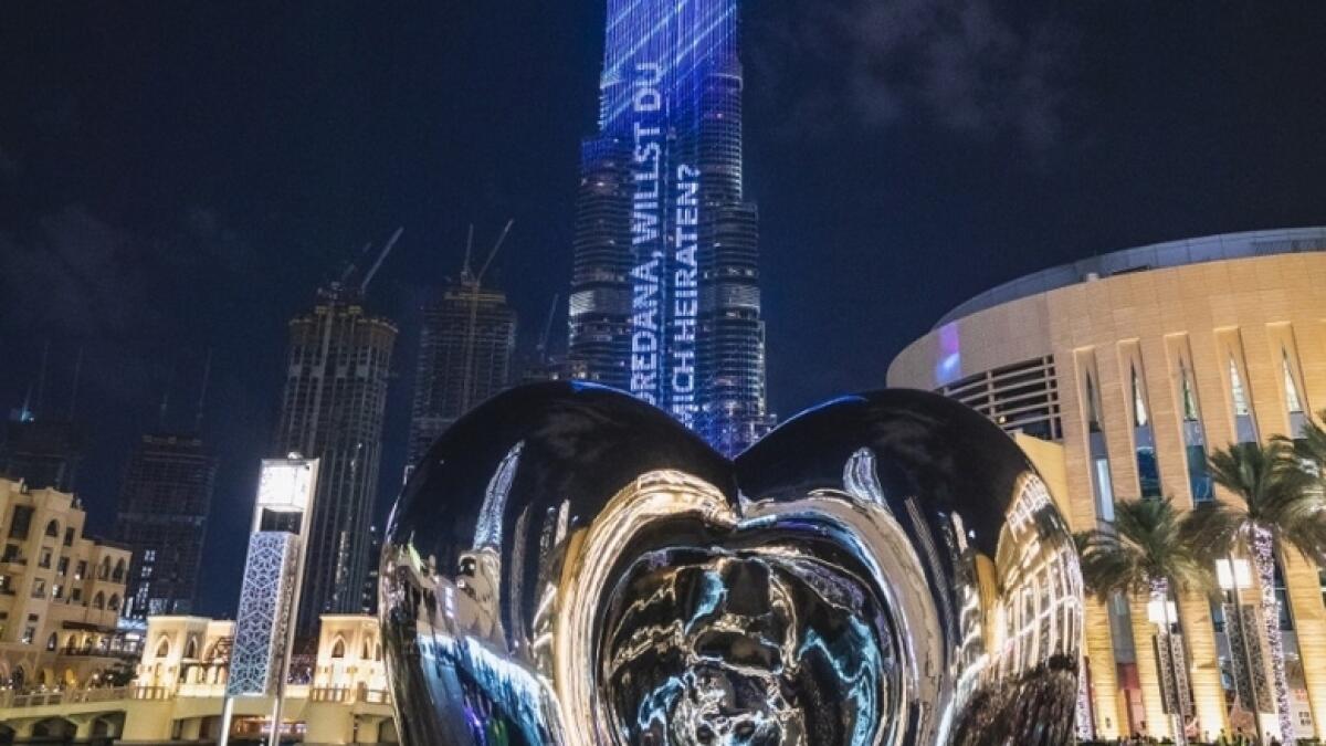 World’s highest marriage proposal: Sergej Schander took his love for his girlfriend to a higher level - literally. On New Year’s Eve, the German national made a marriage proposal to his girlfriend Loredana that was beamed on the Burj Khalifa, hours before the world’s tallest tower began its iconic annual fireworks and laser show.“Loredana, willst du mich heiraten?,” was flashed for a second at 7.30pm on Tuesday, witnessed by tens of thousands of people at the venue and around the world tuned into the celebration’s live feed.