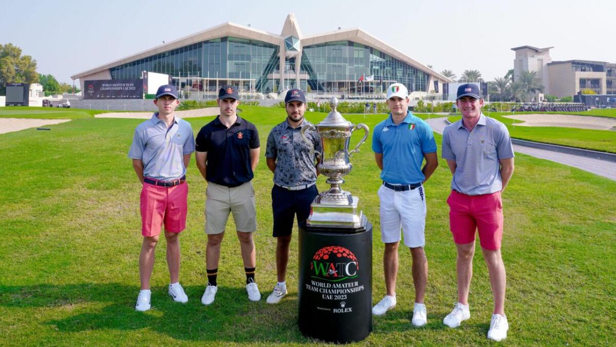 (L to R) Gordon Sargent (US), number 20 in the WAGR Jose Luis Balester Barrio (Spain), Ahmad Skaik (UAE), number 7 in the WAGR Pietro Bovari (It), and number four in the WAGR Nick Dunlap (US) at Abu Dhabi Golf Club as they prepare to compete in the 2023 Eisenhower Trophy. - Supplied photo
