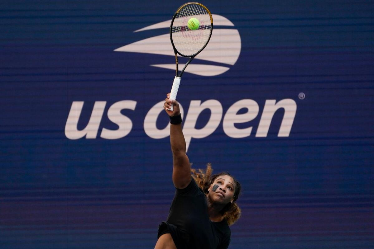 Serena Williams serves during a practice session at the Arthur Ashe Stadium in New York. (AP)